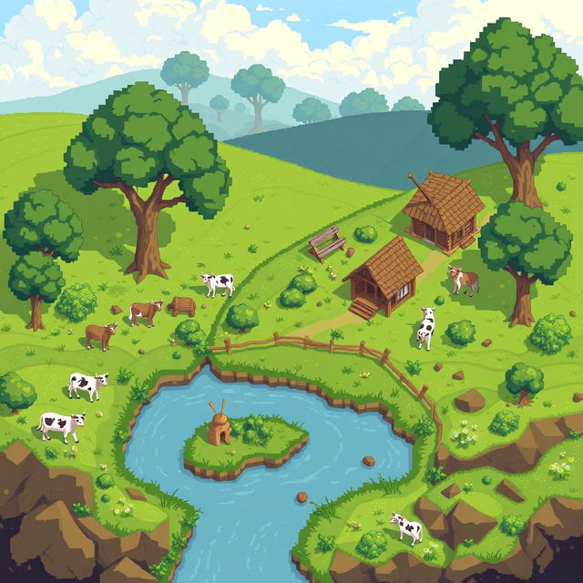 Crie um cenário de jogo no tema rural em pixel art