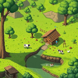 Crie um cenário de jogo no tema rural em pixel art