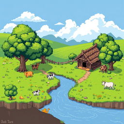 Crie um cenário de jogo no tema rural em pixel art