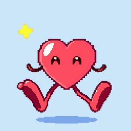 A heart icon animated to appear as if it's jumping, designed in pixel art style