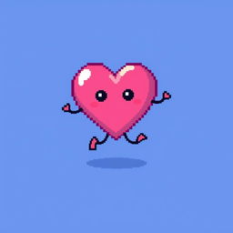 A heart icon animated to appear as if it's jumping, designed in pixel art style