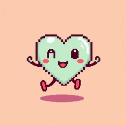 A heart icon animated to appear as if it's jumping, designed in pixel art style