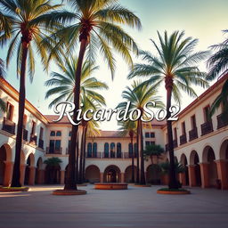 A large courtyard with palm trees and buildings in the background