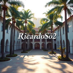 A large courtyard with palm trees and buildings in the background