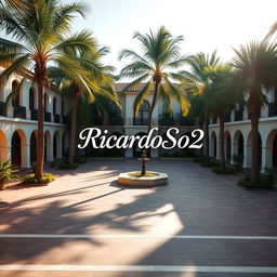 A large courtyard with palm trees and buildings in the background