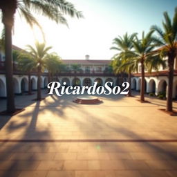 A large courtyard with palm trees and buildings in the background