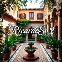 A beautiful courtyard of a house in Morocco, featuring traditional Moroccan architecture with intricate tile work, lush greenery, and a serene atmosphere