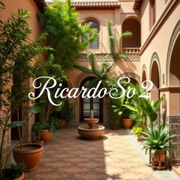 A beautiful courtyard of a house in Morocco, featuring traditional Moroccan architecture with intricate tile work, lush greenery, and a serene atmosphere