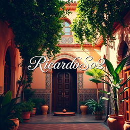 A beautiful courtyard of a house in Morocco, featuring traditional Moroccan architecture with intricate tile work, lush greenery, and a serene atmosphere