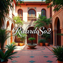 A beautiful courtyard of a house in Morocco, featuring traditional Moroccan architecture with intricate tile work, lush greenery, and a serene atmosphere