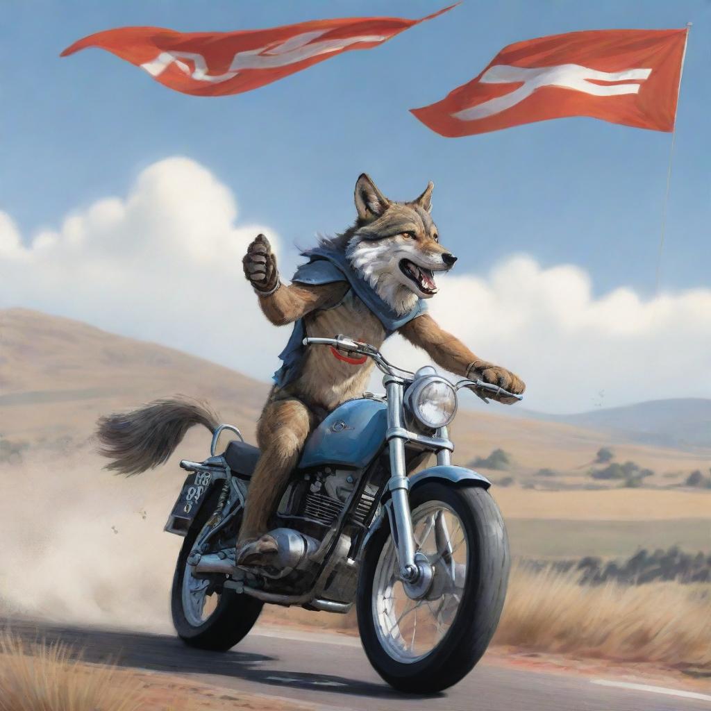 An exhilarating cartoon image of a daring wolf, gripping a wind-whipped flag marked 'MES', as he confidently rides a motorbike across a fun, stylized landscape.