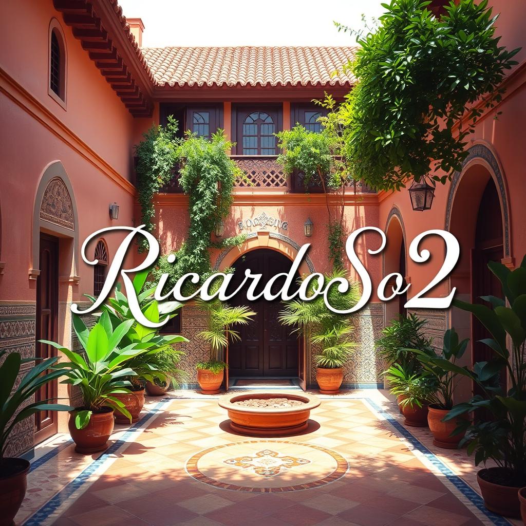 A beautiful courtyard of a house in Morocco, featuring traditional Moroccan architecture with intricate tile work, lush greenery, and a serene atmosphere