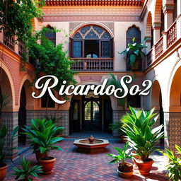 A beautiful courtyard of a house in Morocco, featuring traditional Moroccan architecture with intricate tile work, lush greenery, and a serene atmosphere