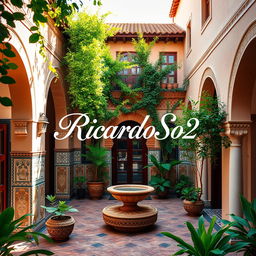 A beautiful courtyard of a house in Morocco, featuring traditional Moroccan architecture with intricate tile work, lush greenery, and a serene atmosphere