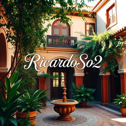A beautiful courtyard of a house in Morocco, featuring traditional Moroccan architecture with intricate tile work, lush greenery, and a serene atmosphere