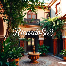 A beautiful courtyard of a house in Morocco, featuring traditional Moroccan architecture with intricate tile work, lush greenery, and a serene atmosphere