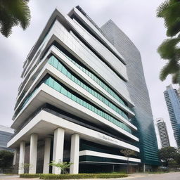 Genera una imagen de un edificio moderno de 25 pisos de la empresa EARTHGY en la ciudad de Panamá