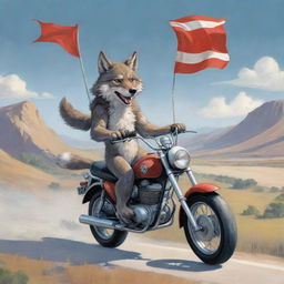 An exhilarating cartoon image of a daring wolf, gripping a wind-whipped flag marked 'MES', as he confidently rides a motorbike across a fun, stylized landscape.