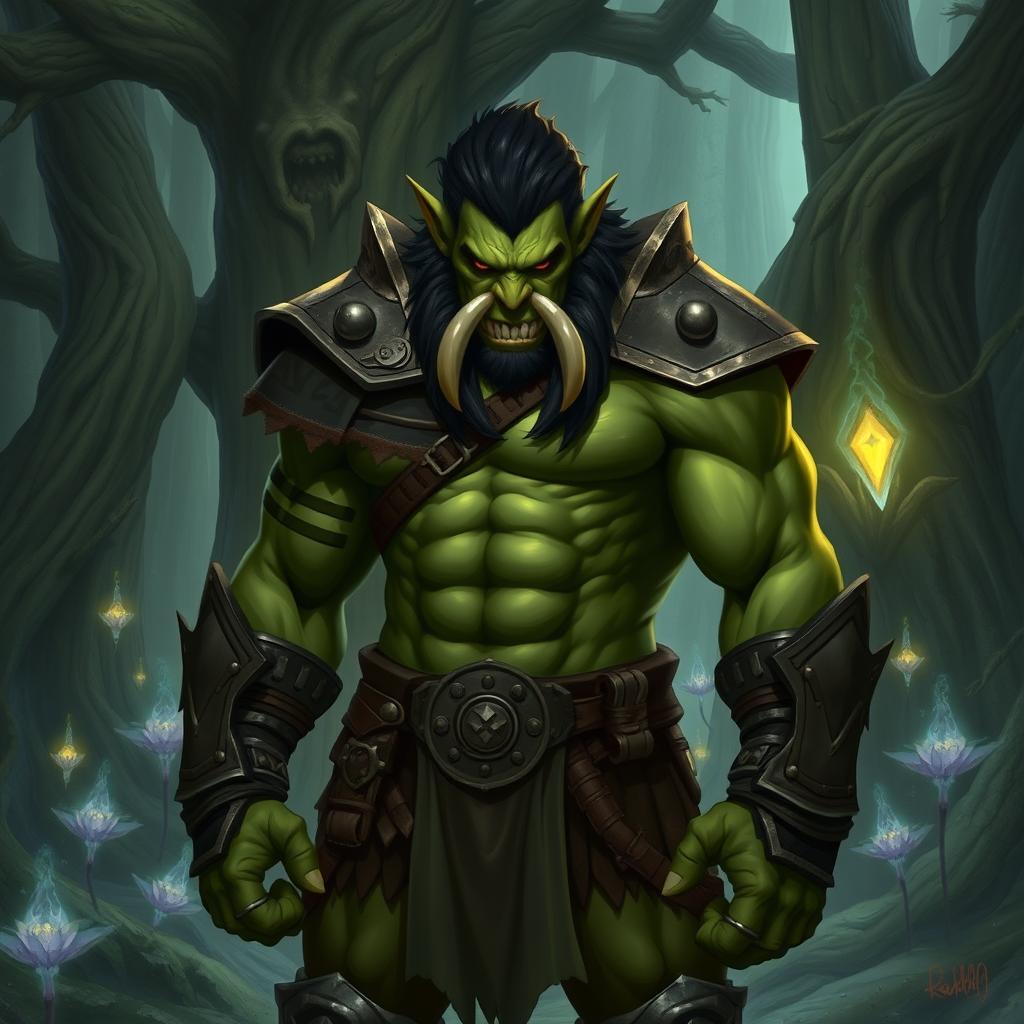 A half-orc character standing in a mystical forest, with green skin, muscular build, and wearing rugged armor