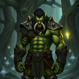 A half-orc character standing in a mystical forest, with green skin, muscular build, and wearing rugged armor