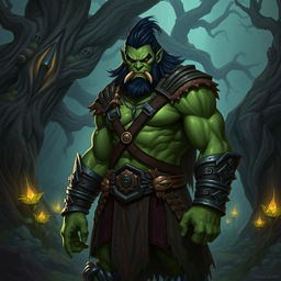 A half-orc character standing in a mystical forest, with green skin, muscular build, and wearing rugged armor