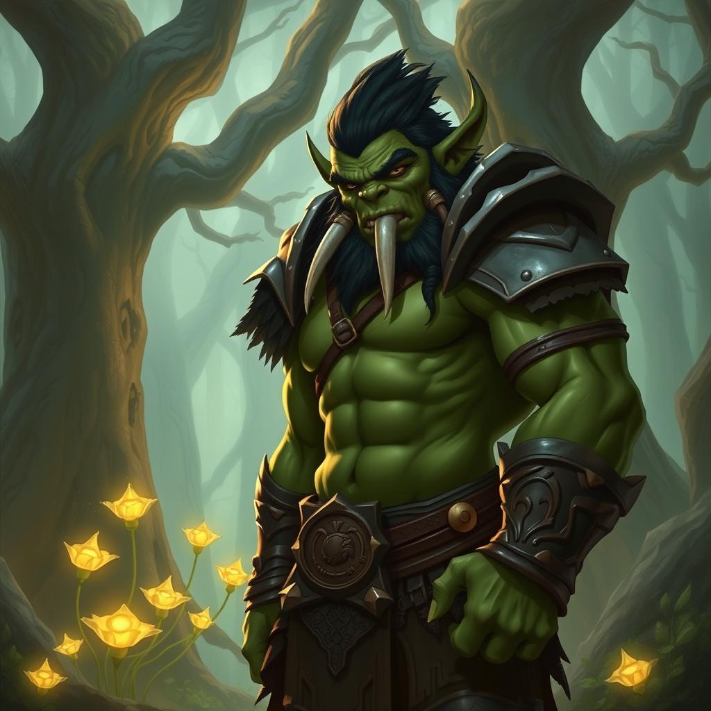 A half-orc character standing in a mystical forest, with green skin, muscular build, and wearing rugged armor