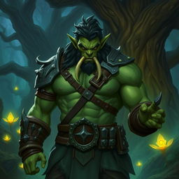 A half-orc character standing in a mystical forest, with green skin, muscular build, and wearing rugged armor