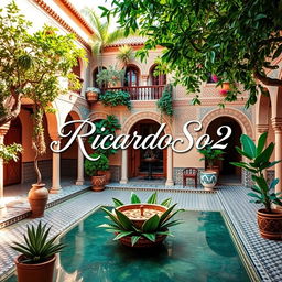 A beautiful courtyard of a house in Morocco, featuring traditional Moroccan architecture with intricate tile work, lush greenery, and a serene atmosphere