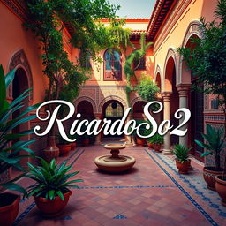 A beautiful courtyard of a house in Morocco, featuring traditional Moroccan architecture with intricate tile work, lush greenery, and a serene atmosphere