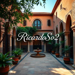 A beautiful courtyard of a house in Morocco, featuring traditional Moroccan architecture with intricate tile work, lush greenery, and a serene atmosphere