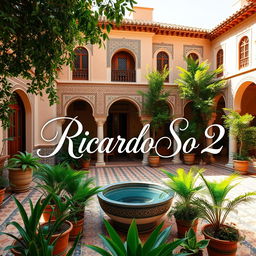 A beautiful courtyard of a house in Morocco, featuring traditional Moroccan architecture with intricate tile work, lush greenery, and a serene atmosphere