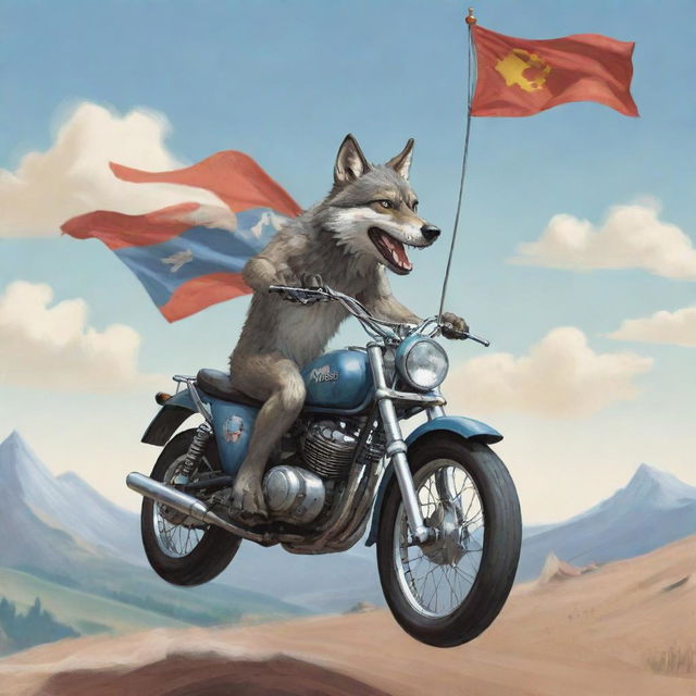 An exhilarating cartoon image of a daring wolf, gripping a wind-whipped flag marked 'MES', as he confidently rides a motorbike across a fun, stylized landscape.