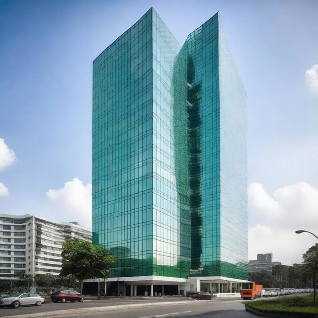 Genera una imagen de un edificio moderno de 25 pisos de la empresa EARTHGY en la ciudad de Panamá