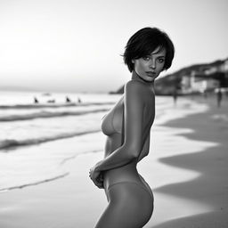 Create a black and white image of a 42-year-old brunette woman with short hair, posing sideways while walking on an Italian beach at dawn