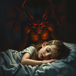 A chilling horror painting depicting a menacing devil with sharp features and glowing red eyes, standing ominously in the background