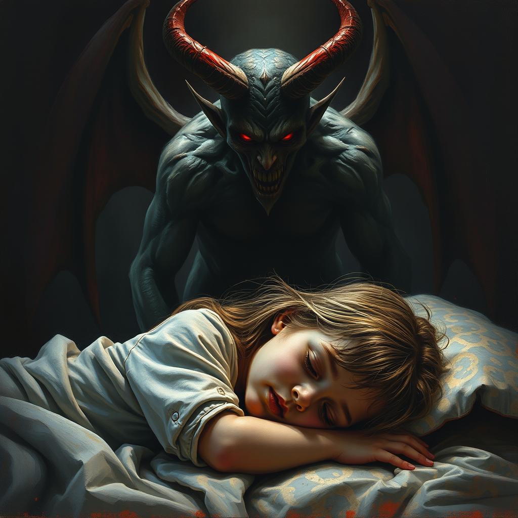 A chilling horror painting depicting a menacing devil with sharp features and glowing red eyes, standing ominously in the background