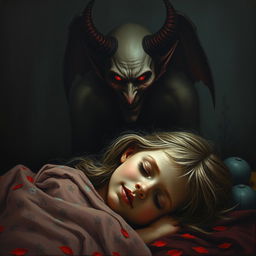 A chilling horror painting depicting a menacing devil with sharp features and glowing red eyes, standing ominously in the background