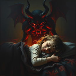 A chilling horror painting depicting a menacing devil with sharp features and glowing red eyes, standing ominously in the background