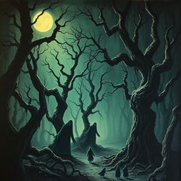 A chilling horror painting featuring a dark and eerie forest with twisted, gnarled trees