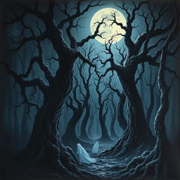 A chilling horror painting featuring a dark and eerie forest with twisted, gnarled trees