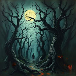 A chilling horror painting featuring a dark and eerie forest with twisted, gnarled trees