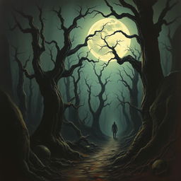 A chilling horror painting featuring a dark and eerie forest with twisted, gnarled trees