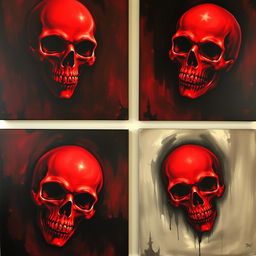 A series of horror-themed paintings featuring red skulls