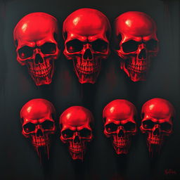 A series of horror-themed paintings featuring red skulls