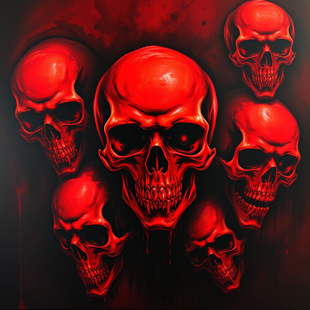 A series of horror-themed paintings featuring red skulls