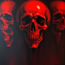 A series of horror-themed paintings featuring red skulls