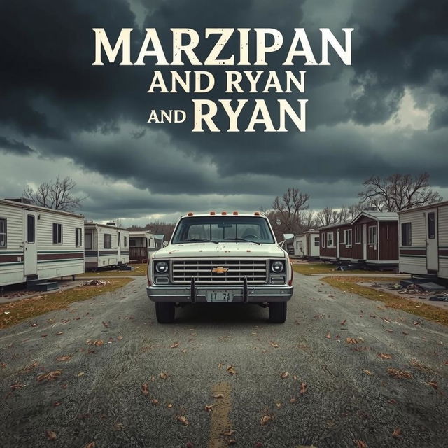 Create a movie poster for 'Marzipan and Ryan' featuring a dilapidated mobile home park and an 80s Chevy Truck under a cloudy autumn sky