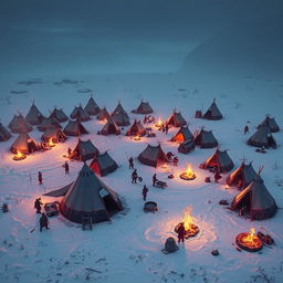 Create an image of a primal barbarian tribe camp set in a frozen tundra