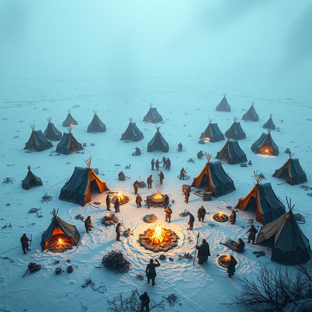 Create an image of a primal barbarian tribe camp set in a frozen tundra