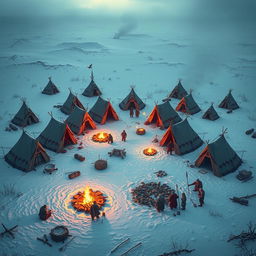 Create an image of a primal barbarian tribe camp set in a frozen tundra